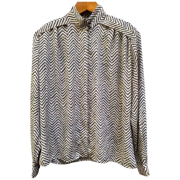 Vintage Helen Fabricant Blouse 10 Chevron Print 80s Office Shoulder Pads Beige - Picture 5 of 12